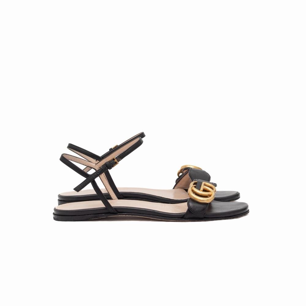 Gucci Black Leather GG Marmont Ankle Strap Flat Sandals Size 35 US 5 - Picture 9 of 16